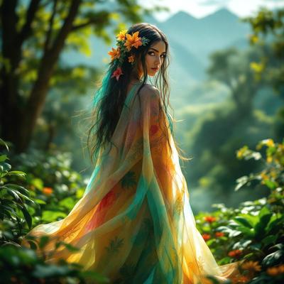 The primary subject of the image is a woman wearing a flowing dress, standing in a forest. The setting is a lush green forest with trees and plants surrounding her. The visual style of the image is a combination of photo and digital art, creating a vibrant and colorful scene. The woman's dress is colorful, adding a sense of joy and playfulness to the image. The overall atmosphere is serene and natural, with the woman appearing to be at peace in the forest.